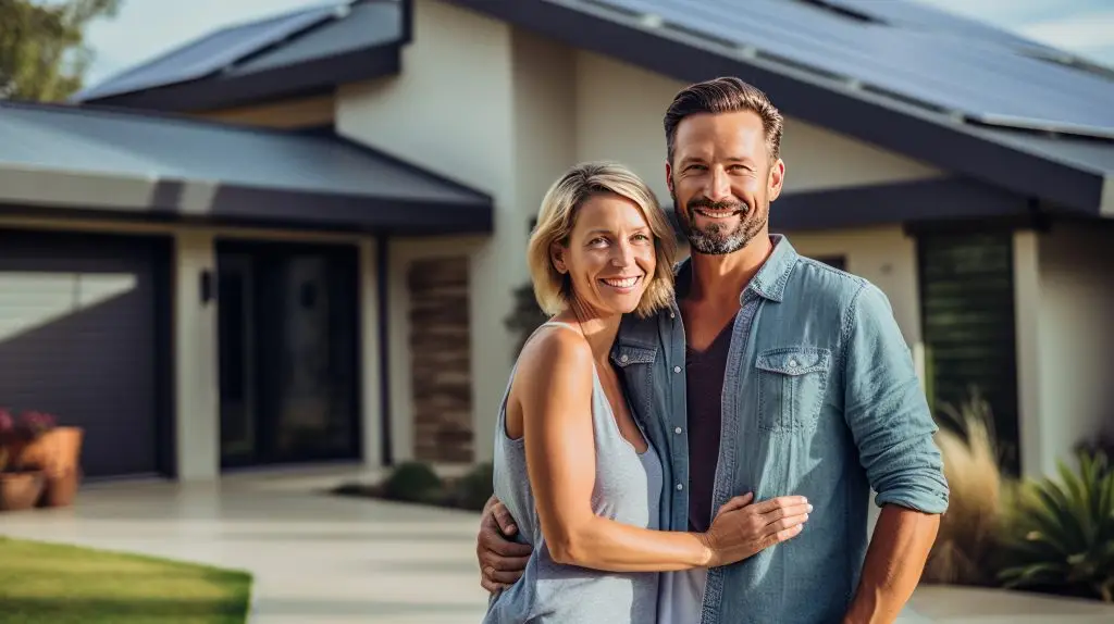 Ein glückliches Paar steht lächelnd in der Einfahrt eines großen Hauses mit installierten Sonnenkollektoren. Neues Wohnkonzept für Immobilien.