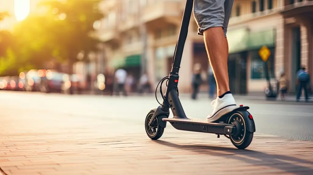 Eine Nahaufnahme einer Person, die mitten auf einer Stadtstraße einen umweltfreundlichen E-Scooter fährt