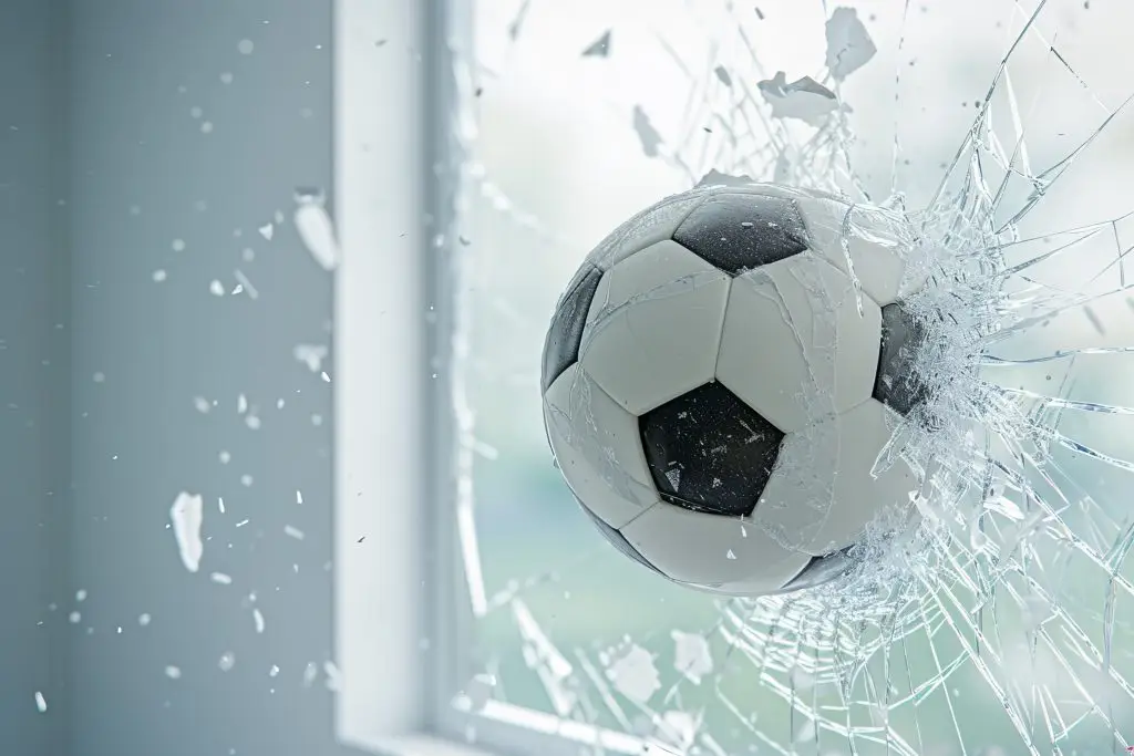 Ein Ball fliegt durch ein Fenster das Glas zerbricht
